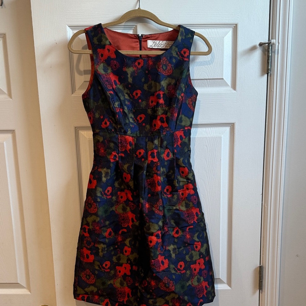 Lela Rose Navy Dress with Red and Olive Floral Jacquard